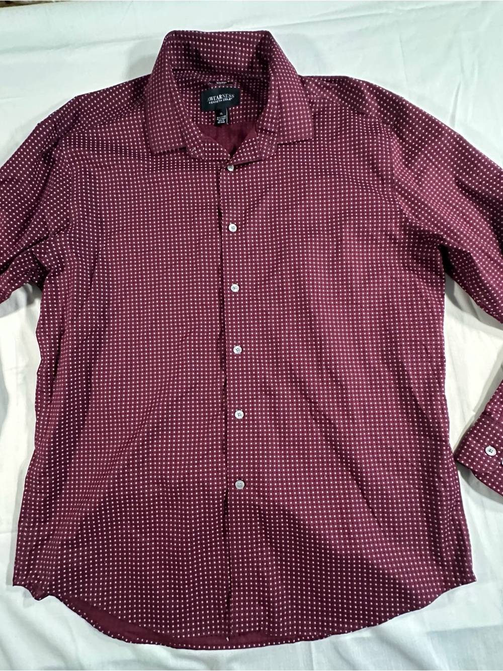 Kenneth Cole Men's Maroon Button-Down Shirt with White Microdot Pattern